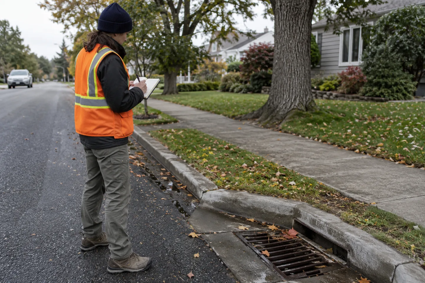Generated editorial photograph of a technician recording roadside features in a notebook