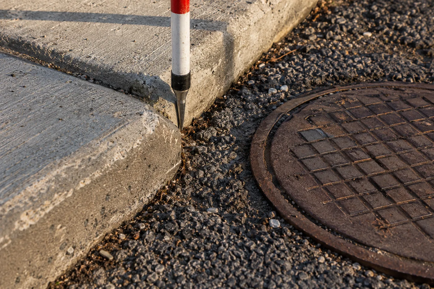 Generated editorial photograph of a prism pole by a curb and a utility cover