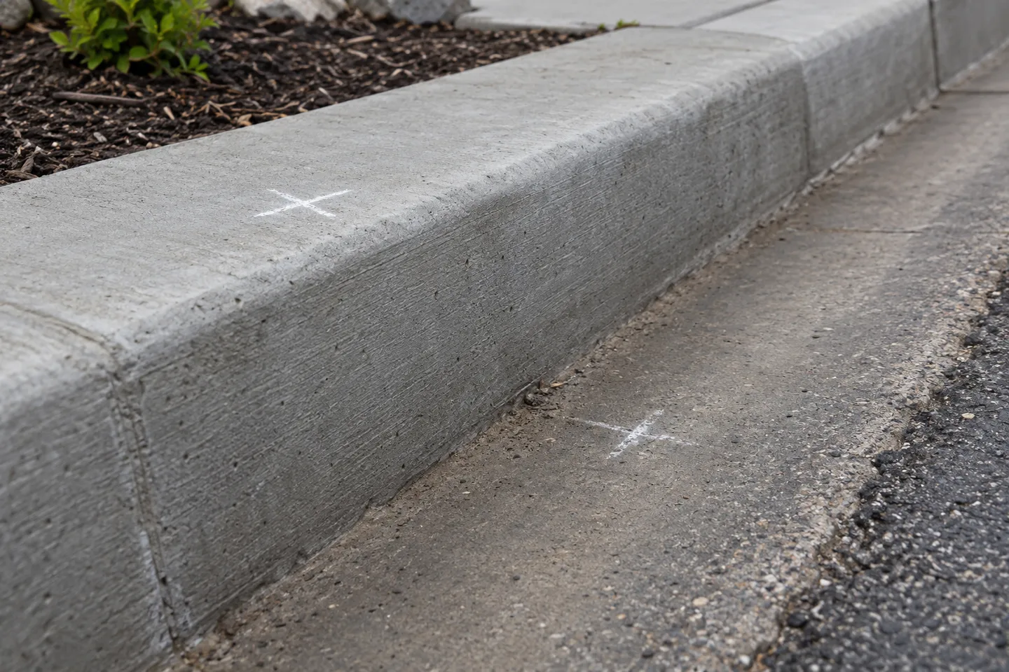 Generated editorial photograph of survey chalk crosses on a kerb top and lower gutter