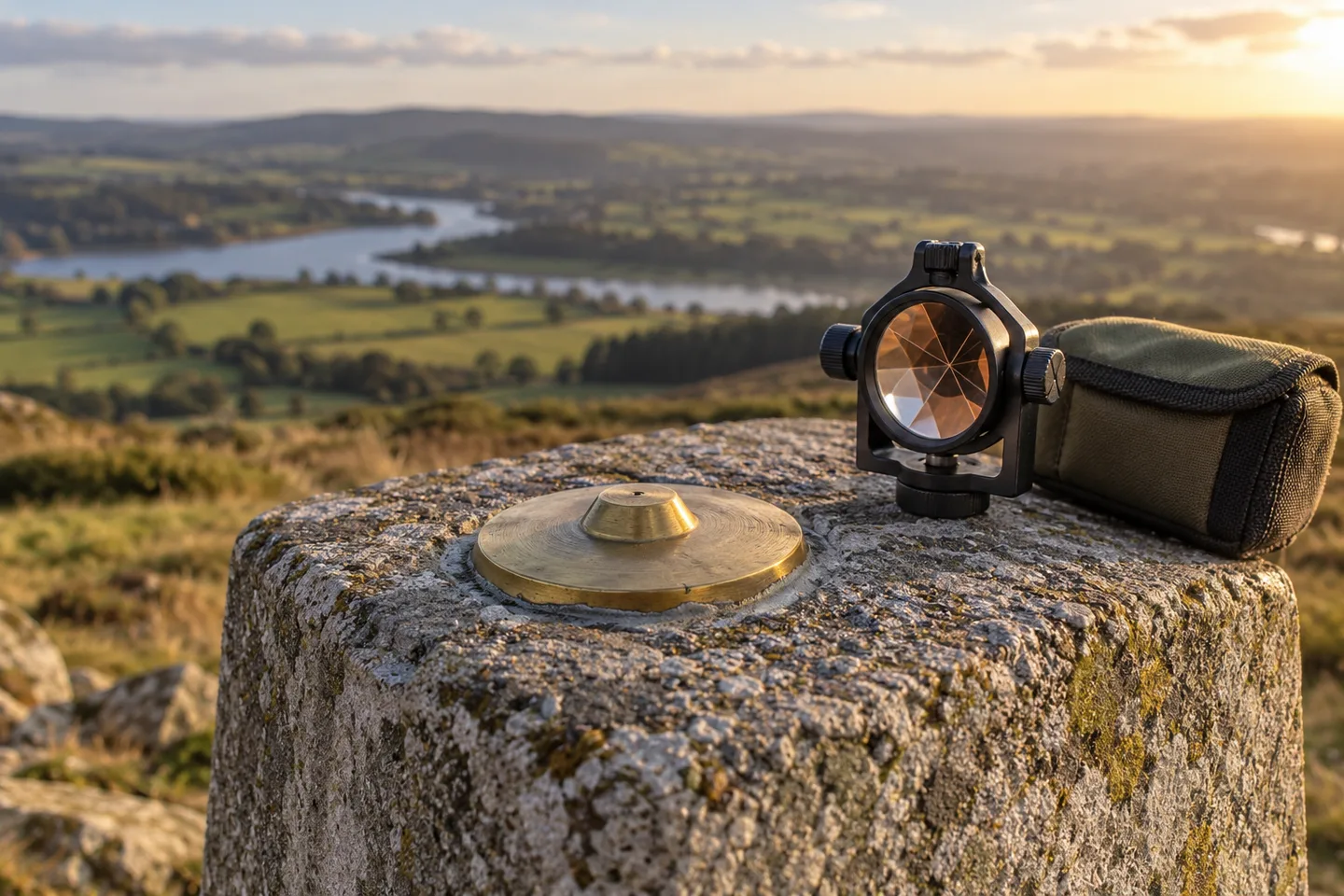 Generated editorial photograph of a brass control monument and prism beside a countryside survey pillar