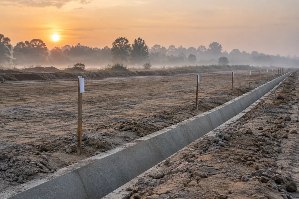 Blank grade stakes beside a new concrete drainage channel at dawn