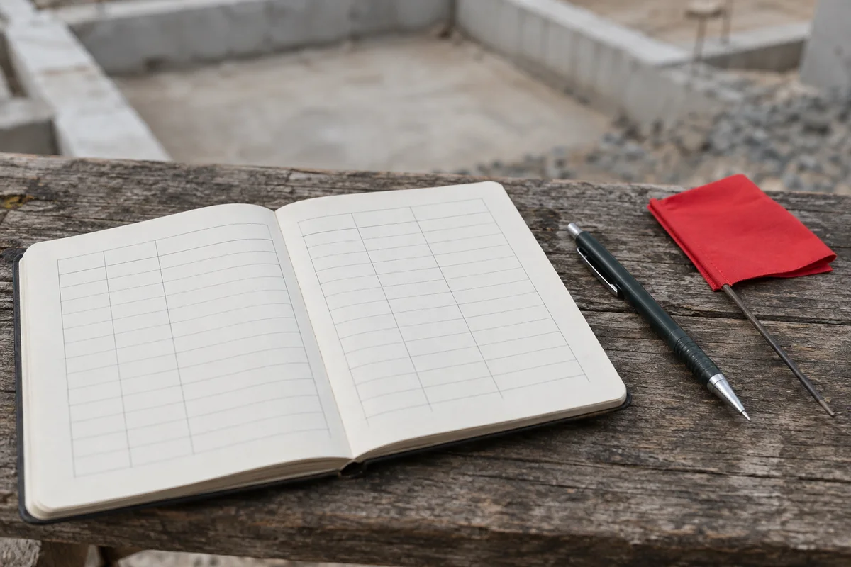 Open field notebook with table lines and a folded red survey flag