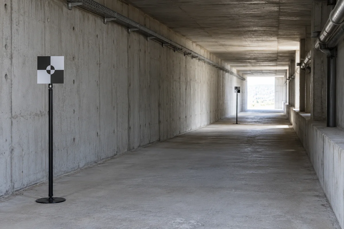 生成的编辑配图：混凝土检修通道内前后两个测量目标