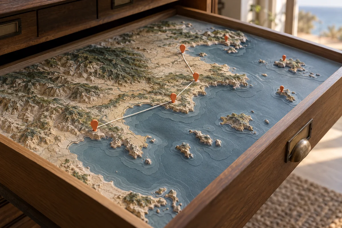 Relief coastal map in a drawer with orange location pins and a route cord