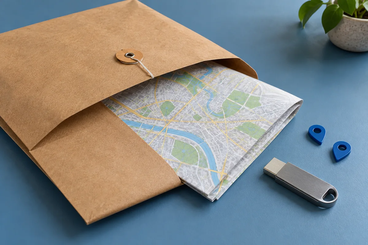 Map in a kraft envelope beside a USB drive and two blue map pins