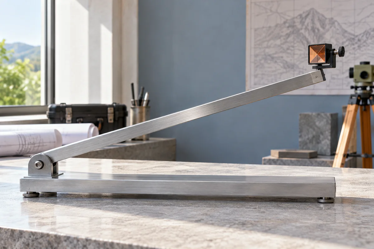 A hinged inclined metal rail above a horizontal bench