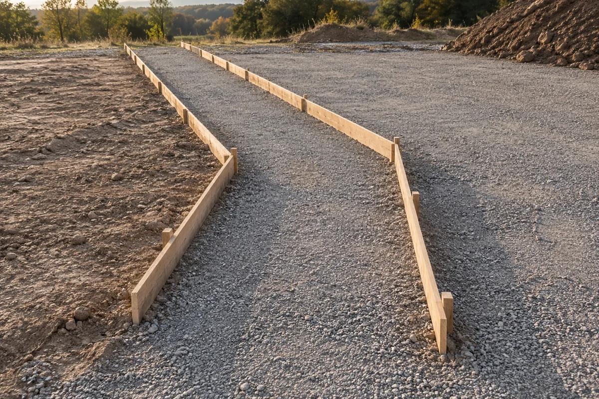 Parallel timber formwork on gravel