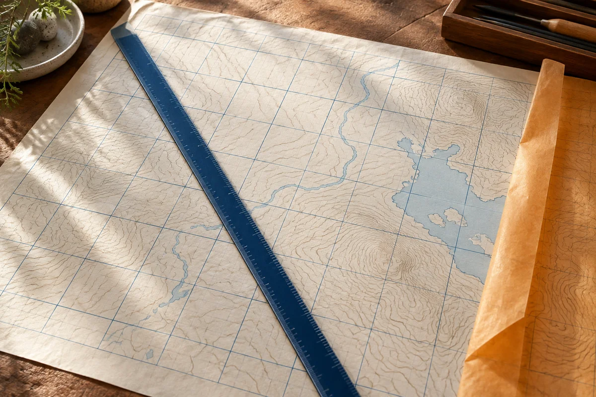Paper map with a blue grid and straightedge