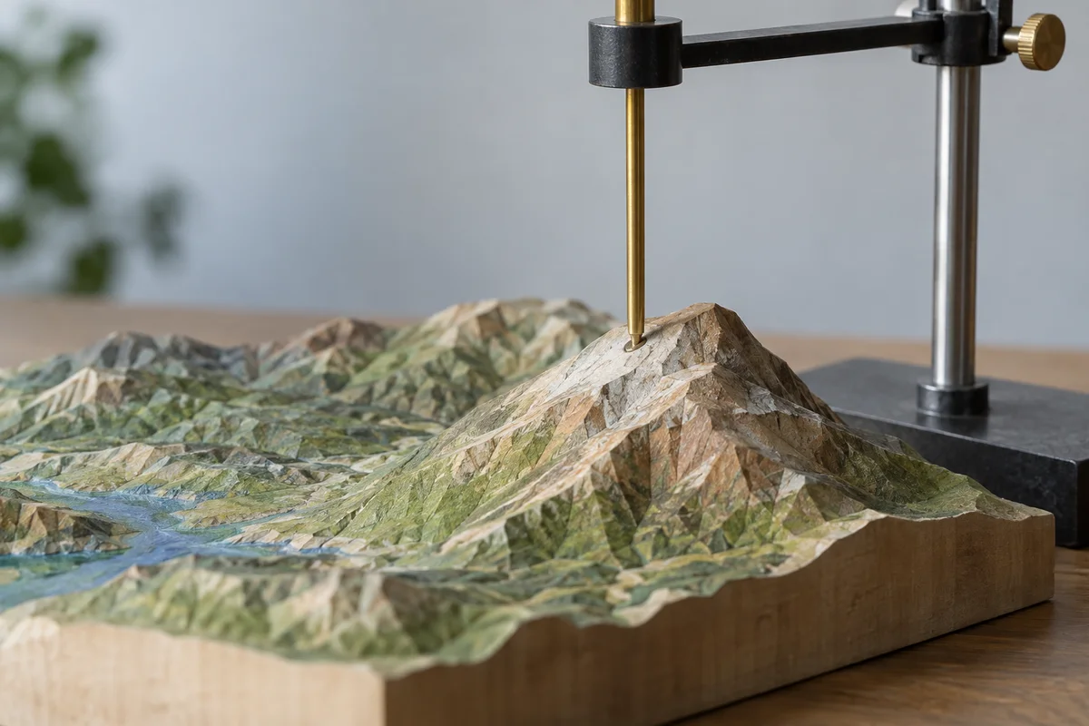 A vertical probe touches a physical terrain model