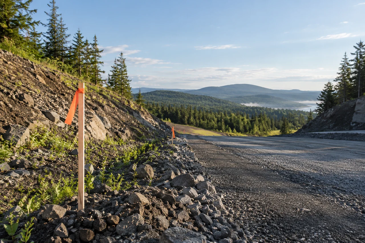 Generated editorial ground-level photograph of orange-flagged survey stakes receding along a graded road